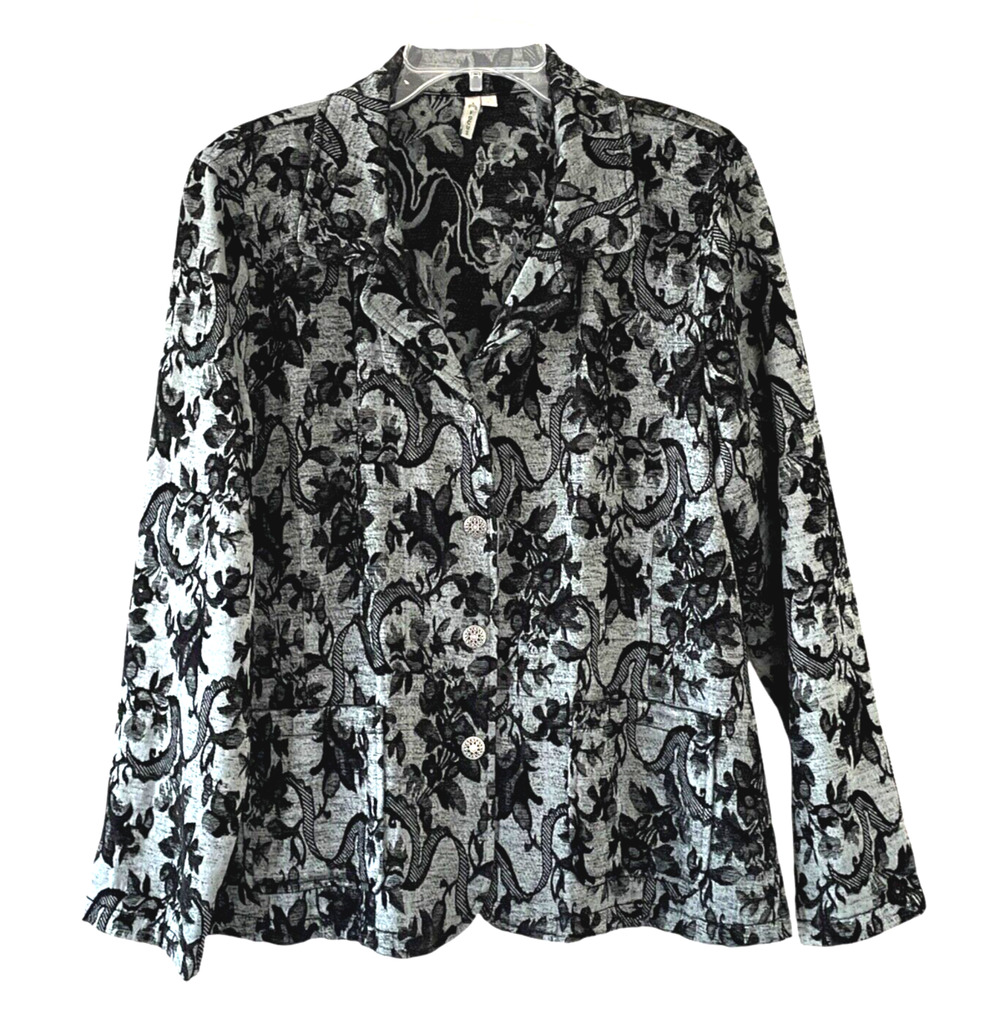 FOCUS Women's Size Large Black Silver Brocade Button-Up Pockets Collared Jacket